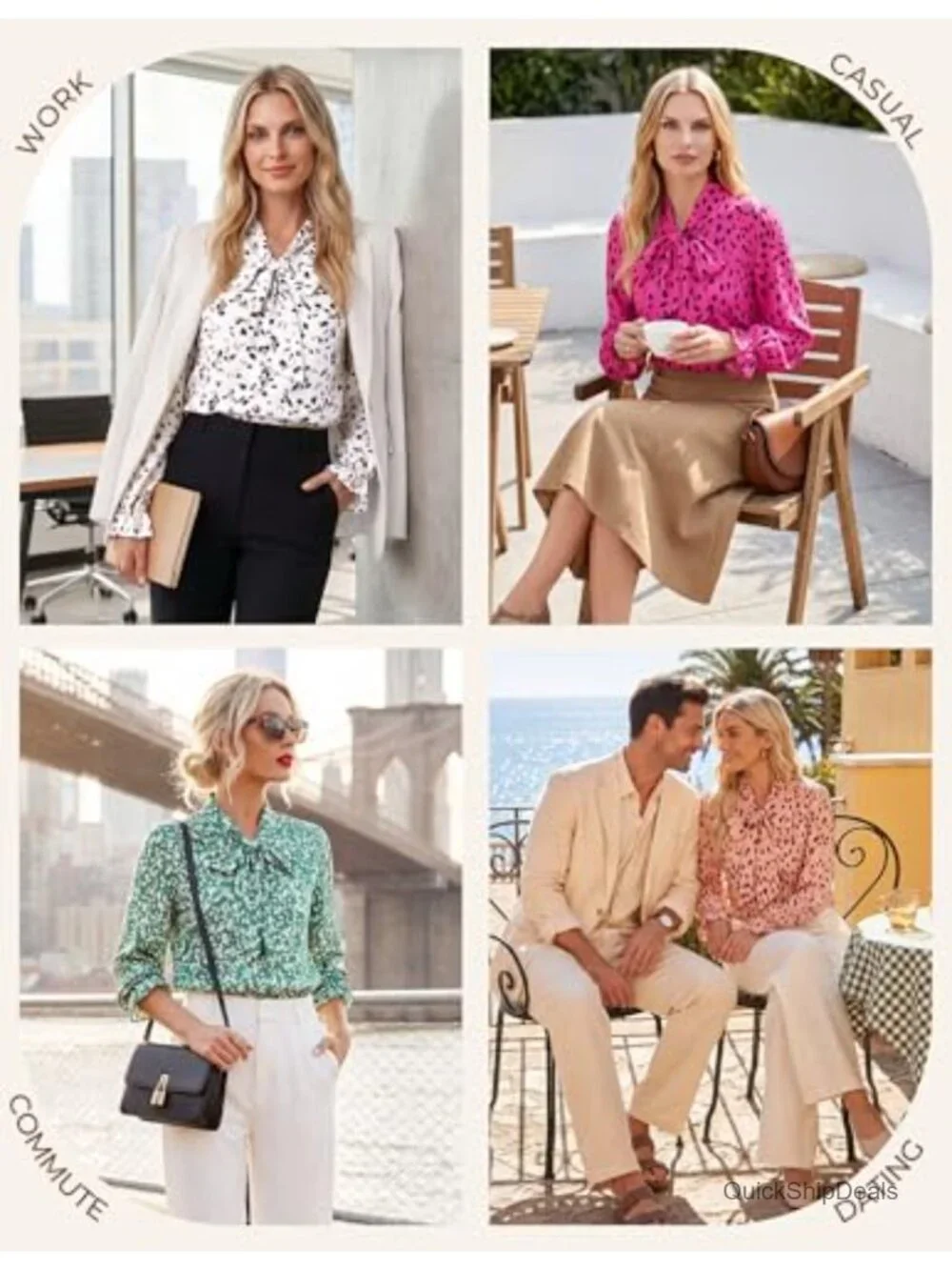 Long Sleeve Bow Tie Neck Chiffon Blouse Polka Dot Business Casual Top